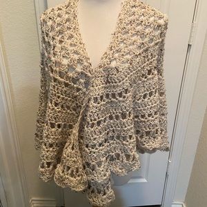 Hand crochet shawl beige acrylic yarn with dark flecks scalloped edge